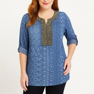 Chicos Tunic Top Byzantine Blue Geometric Semi Sheer Beaded Collar Size 0 | S
